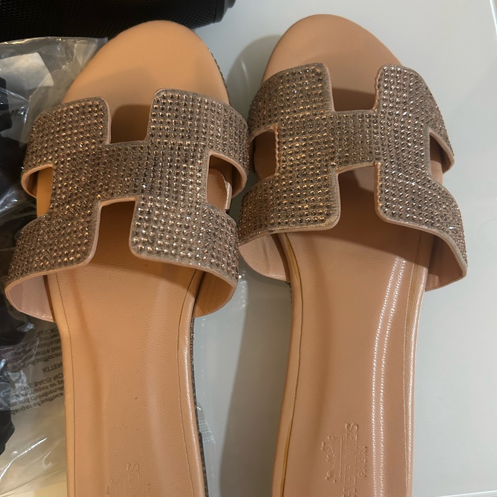 H Tan and Rose Gold Crystal Embellished Sandals